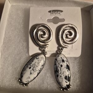 Silver Swirl Earrings with Black Accents